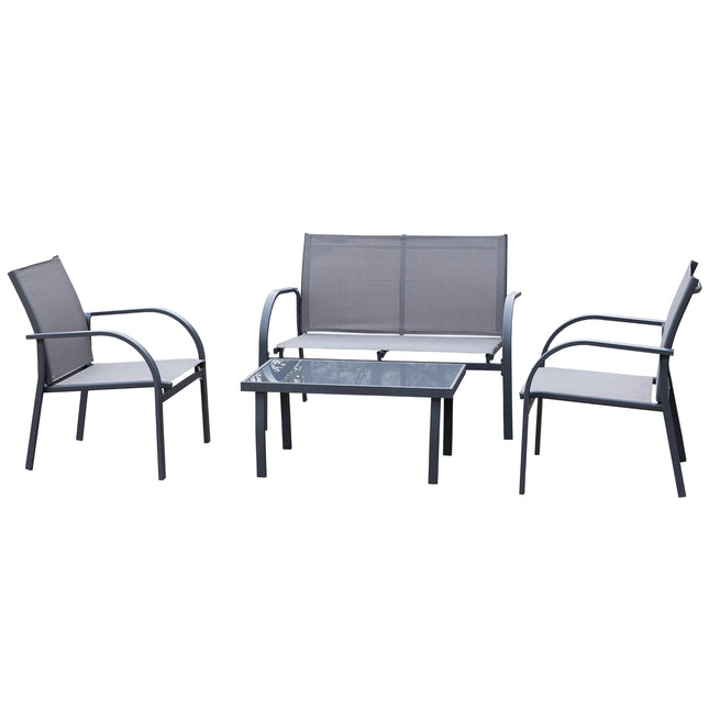 4 Piece Curved Steel Patio Furniture Set with Tempered Glass Table - Grey