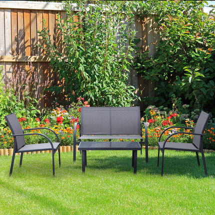 4 Piece Curved Steel Patio Furniture Set with Tempered Glass Table - Grey