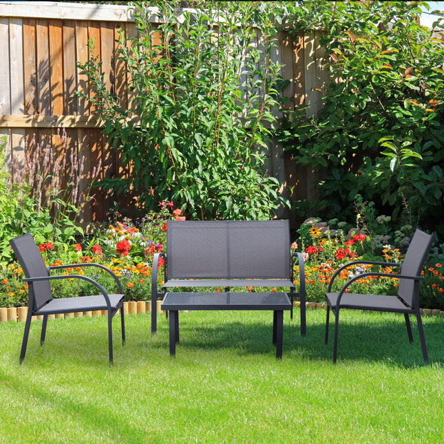 4 Piece Curved Steel Patio Furniture Set with Tempered Glass Table - Grey