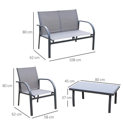 4 Piece Curved Steel Patio Furniture Set with Tempered Glass Table - Grey