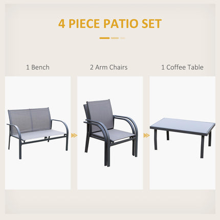 4 Piece Curved Steel Patio Furniture Set with Tempered Glass Table - Grey