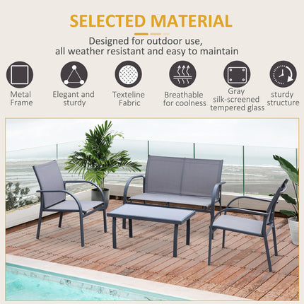 4 Piece Curved Steel Patio Furniture Set with Tempered Glass Table - Grey