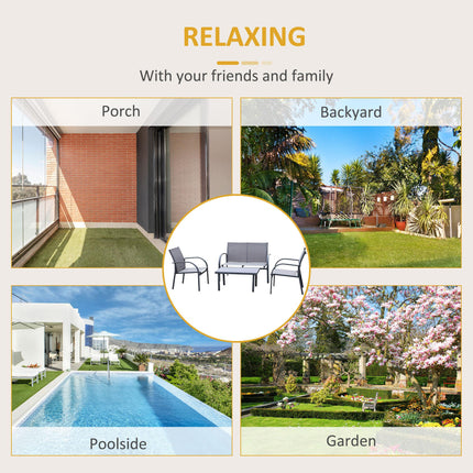 4 Piece Curved Steel Patio Furniture Set with Tempered Glass Table - Grey
