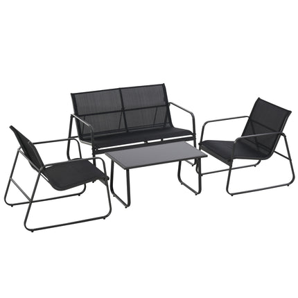 4 Piece Outdoor Garden Furniture Set with Double and Single Chairs & Glass Top Table - Black