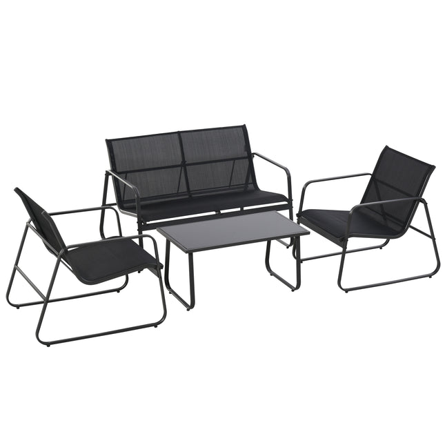 4 Piece Outdoor Garden Furniture Set with Double and Single Chairs & Glass Top Table - Black