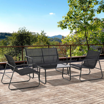 4 Piece Outdoor Garden Furniture Set with Double and Single Chairs & Glass Top Table - Black