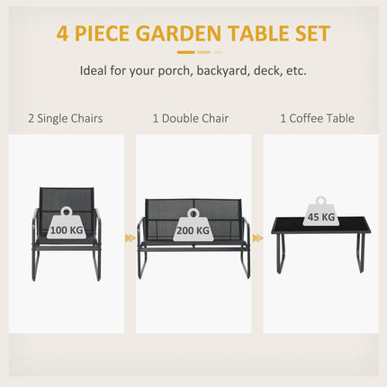 4 Piece Outdoor Garden Furniture Set with Double and Single Chairs & Glass Top Table - Black