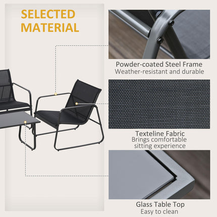 4 Piece Outdoor Garden Furniture Set with Double and Single Chairs & Glass Top Table - Black
