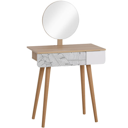 Adjustable Mirror Dressing Table with Drawer and Solid Wood Frame - Oak Color