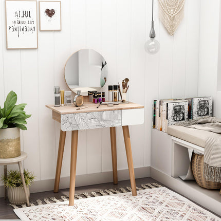 Adjustable Mirror Dressing Table with Drawer and Solid Wood Frame - Oak Color