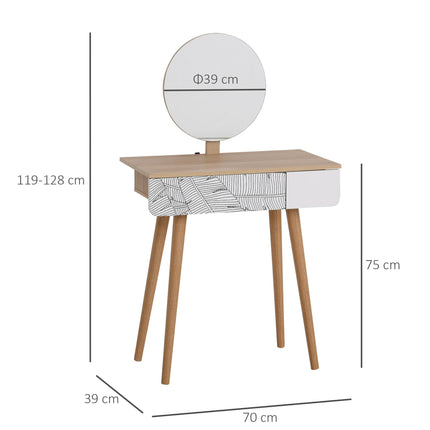 Adjustable Mirror Dressing Table with Drawer and Solid Wood Frame - Oak Color