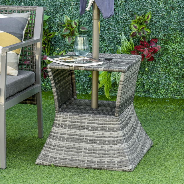 Outdoor Patio Rattan Wicker Coffee Table with Umbrella Hole and Storage - Grey