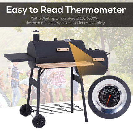 Portable Charcoal BBQ Grill with Smoker and Thermometer - Black