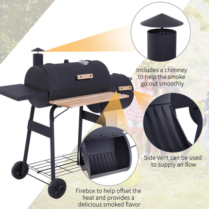 Portable Charcoal BBQ Grill with Smoker and Thermometer - Black