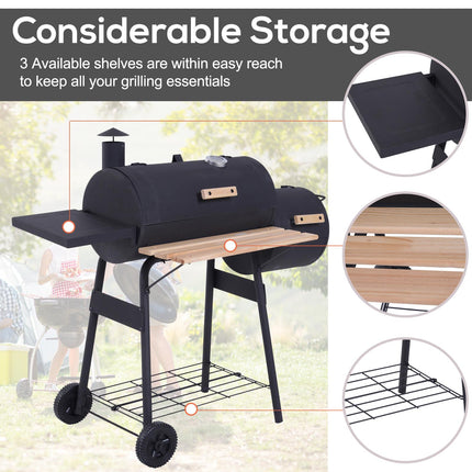 Portable Charcoal BBQ Grill with Smoker and Thermometer - Black
