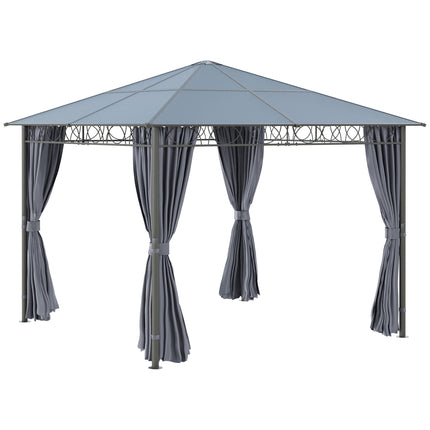 3 x 3m Hardtop Gazebo with UV Resistant Polycarbonate Roof, Steel & Aluminium Frame, Garden Pavilion with Curtains - Grey