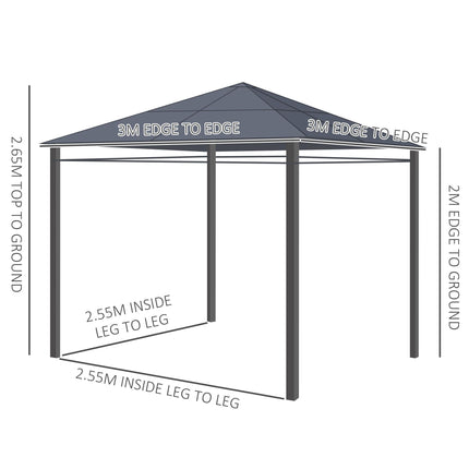 3 x 3m Hardtop Gazebo with UV Resistant Polycarbonate Roof, Steel & Aluminium Frame, Garden Pavilion with Curtains - Grey