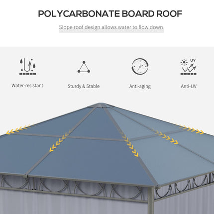 3 x 3m Hardtop Gazebo with UV Resistant Polycarbonate Roof, Steel & Aluminium Frame, Garden Pavilion with Curtains - Grey