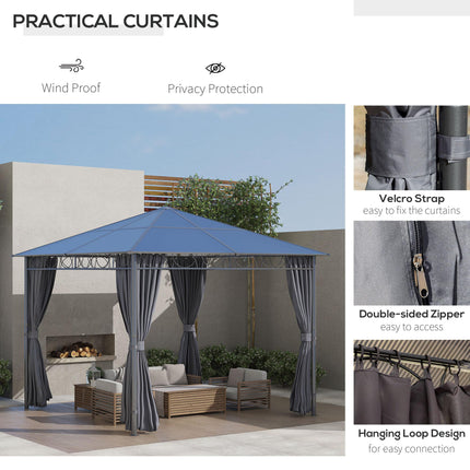 3 x 3m Hardtop Gazebo with UV Resistant Polycarbonate Roof, Steel & Aluminium Frame, Garden Pavilion with Curtains - Grey