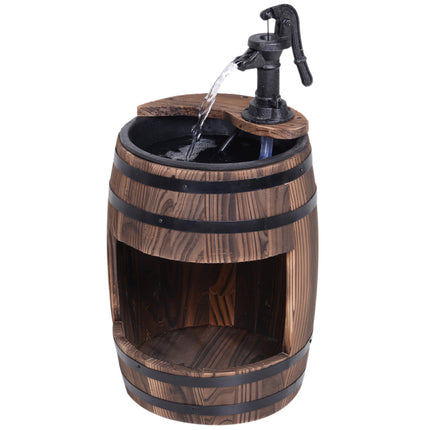 Wood Barrel Patio Water Fountain with Electric Pump and Flower Planter - Carbonized Wood