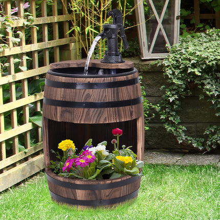 Wood Barrel Patio Water Fountain with Electric Pump and Flower Planter - Carbonized Wood