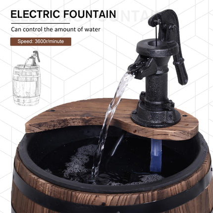 Wood Barrel Patio Water Fountain with Electric Pump and Flower Planter - Carbonized Wood
