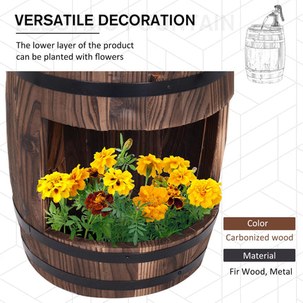 Wood Barrel Patio Water Fountain with Electric Pump and Flower Planter - Carbonized Wood