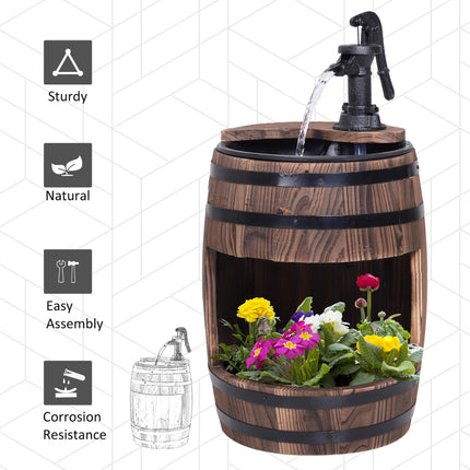 Wood Barrel Patio Water Fountain with Electric Pump and Flower Planter - Carbonized Wood