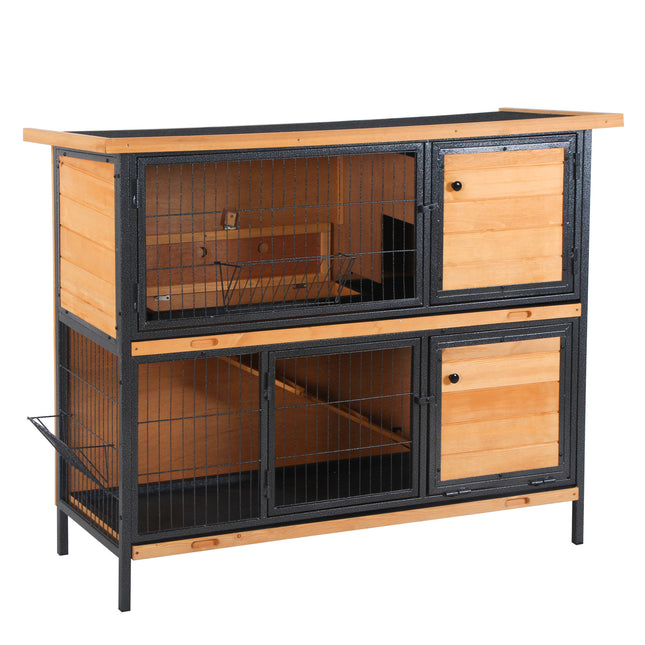 2-Floor Wooden Rabbit Hutch with Metal Frame, Ramp & Slide-Out Tray - Light Yellow Black