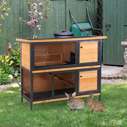 2-Floor Wooden Rabbit Hutch with Metal Frame, Ramp & Slide-Out Tray - Light Yellow Black