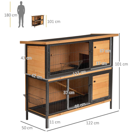 2-Floor Wooden Rabbit Hutch with Metal Frame, Ramp & Slide-Out Tray - Light Yellow Black