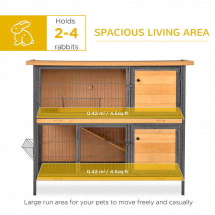 2-Floor Wooden Rabbit Hutch with Metal Frame, Ramp & Slide-Out Tray - Light Yellow Black