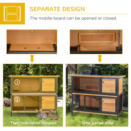 2-Floor Wooden Rabbit Hutch with Metal Frame, Ramp & Slide-Out Tray - Light Yellow Black
