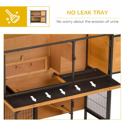 2-Floor Wooden Rabbit Hutch with Metal Frame, Ramp & Slide-Out Tray - Light Yellow Black