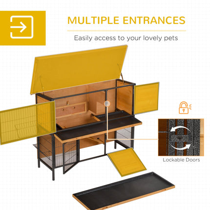 2-Floor Wooden Rabbit Hutch with Metal Frame, Ramp & Slide-Out Tray - Light Yellow Black