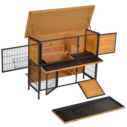 2-Floor Wooden Rabbit Hutch with Metal Frame, Ramp & Slide-Out Tray - Light Yellow Black