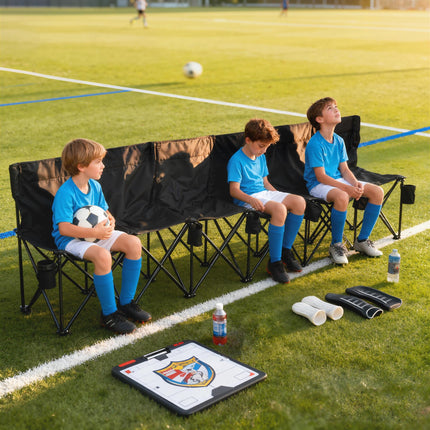 6 Seater Folding Sports Bench with Cup Holders - Black