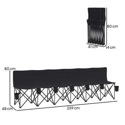 6 Seater Folding Sports Bench with Cup Holders - Black