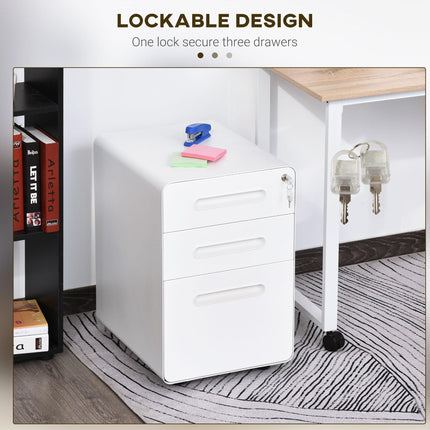 3-Drawer Lockable Mobile File Cabinet with Wheels Fully Assembled - White