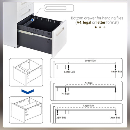 3-Drawer Lockable Mobile File Cabinet with Wheels Fully Assembled - White
