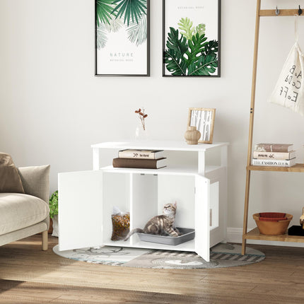 Wooden Cat Litter Box Enclosure with Adjustable Interior Wall & Large Tabletop - White