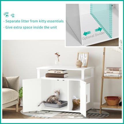 Wooden Cat Litter Box Enclosure with Adjustable Interior Wall & Large Tabletop - White