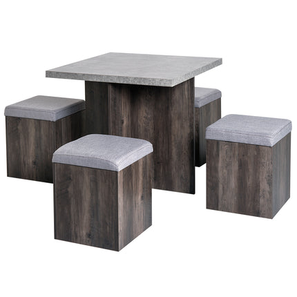 5PC Wooden Garden Patio Dining Set with 4 Storage Stools and Cushions Space Saving Design - Wood Grain