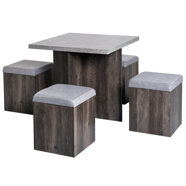 5PC Wooden Garden Patio Dining Set with 4 Storage Stools and Cushions Space Saving Design - Wood Grain
