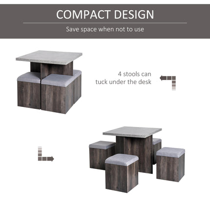 5PC Wooden Garden Patio Dining Set with 4 Storage Stools and Cushions Space Saving Design - Wood Grain