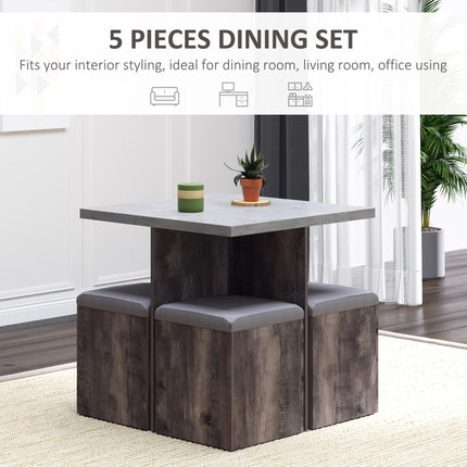 5PC Wooden Garden Patio Dining Set with 4 Storage Stools and Cushions Space Saving Design - Wood Grain