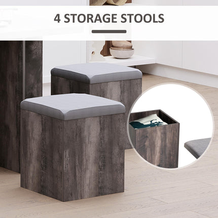 5PC Wooden Garden Patio Dining Set with 4 Storage Stools and Cushions Space Saving Design - Wood Grain