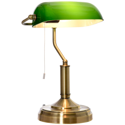 Banker's Desk Table Lamp with Pull Rope Switch and Green Glass Shade - Antique Bronze