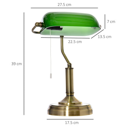 Banker's Desk Table Lamp with Pull Rope Switch and Green Glass Shade - Antique Bronze