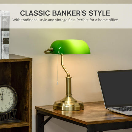 Banker's Desk Table Lamp with Pull Rope Switch and Green Glass Shade - Antique Bronze
